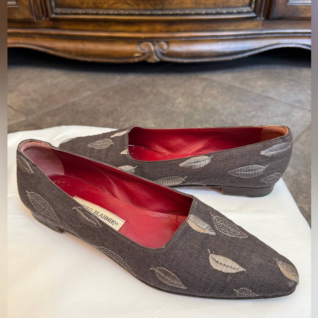 Vtg Manolo Blahnik Brown Embroidered Leaf Flats Loafer Shoes It 38 Us 7.5